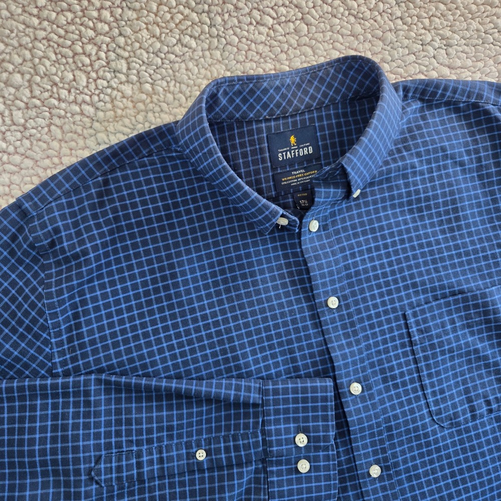 Stafford Mens FITTED XL Gingham Wrinkle Free Oxford Travel Button Shirt - Picture 3 of 8